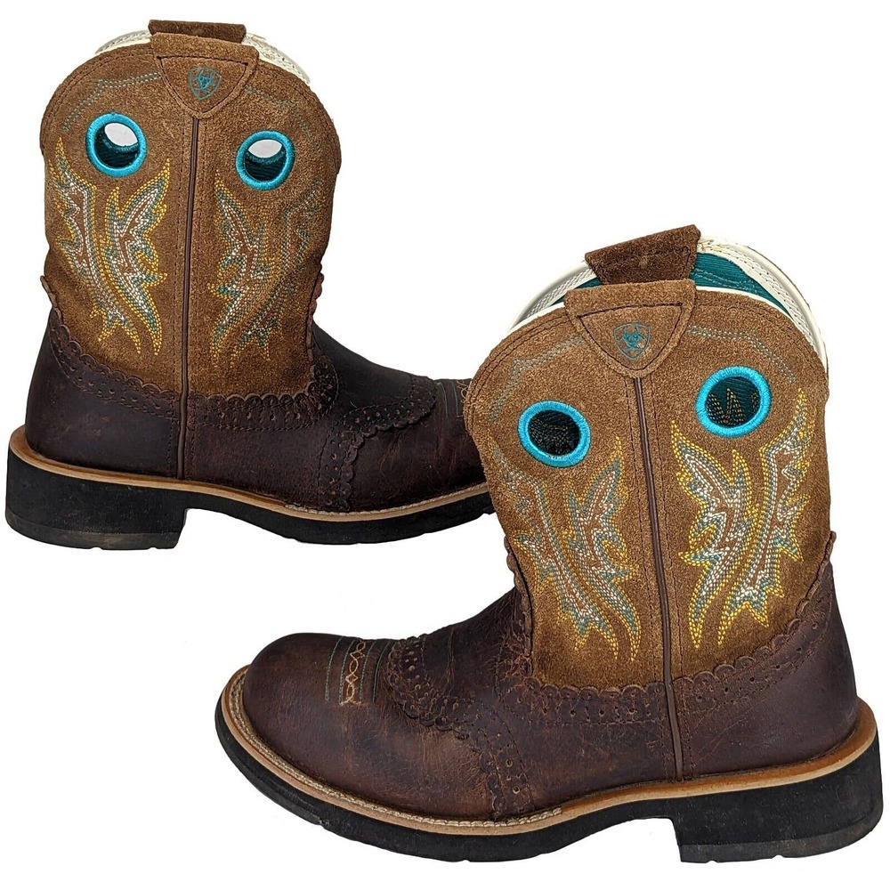 Ariat Fatboy Womens Cowgirl Short Work Riding Boots Brown Turquiose Inside 7.5B